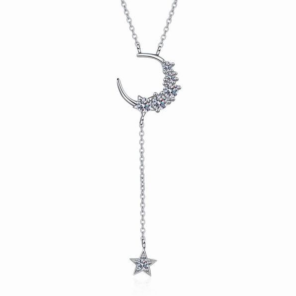 Moon and Star Moissanite Drop Necklace