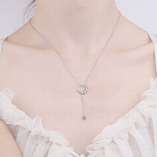 Moon and Star Moissanite Drop Necklace